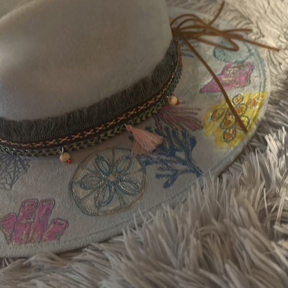 - Beautiful hand burned and hand painted cowboy hat. Great fit.  Seashells main image 6